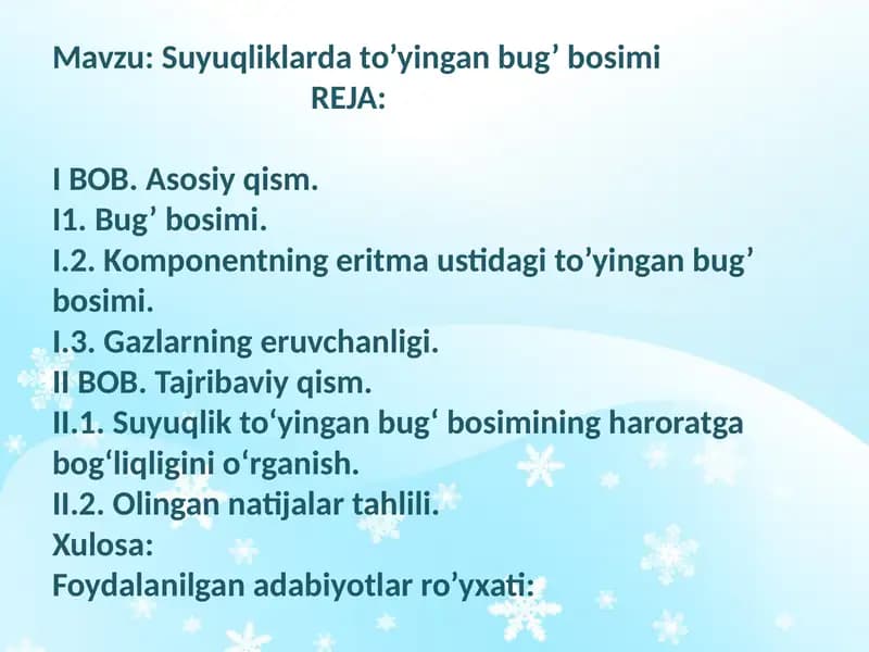 Suyuqliklarda to’yingan bug’ bosimi