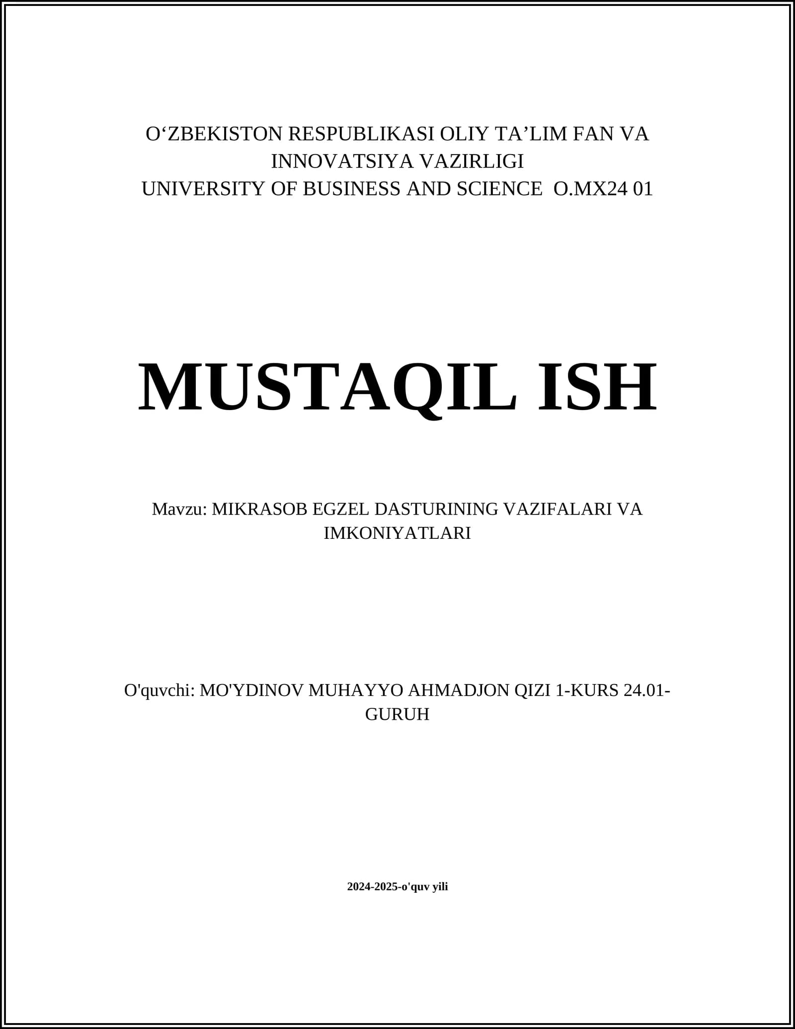 MIKRASOB EGZEL DASTURINING VAZIFALARI VA IMKONIYATLARI