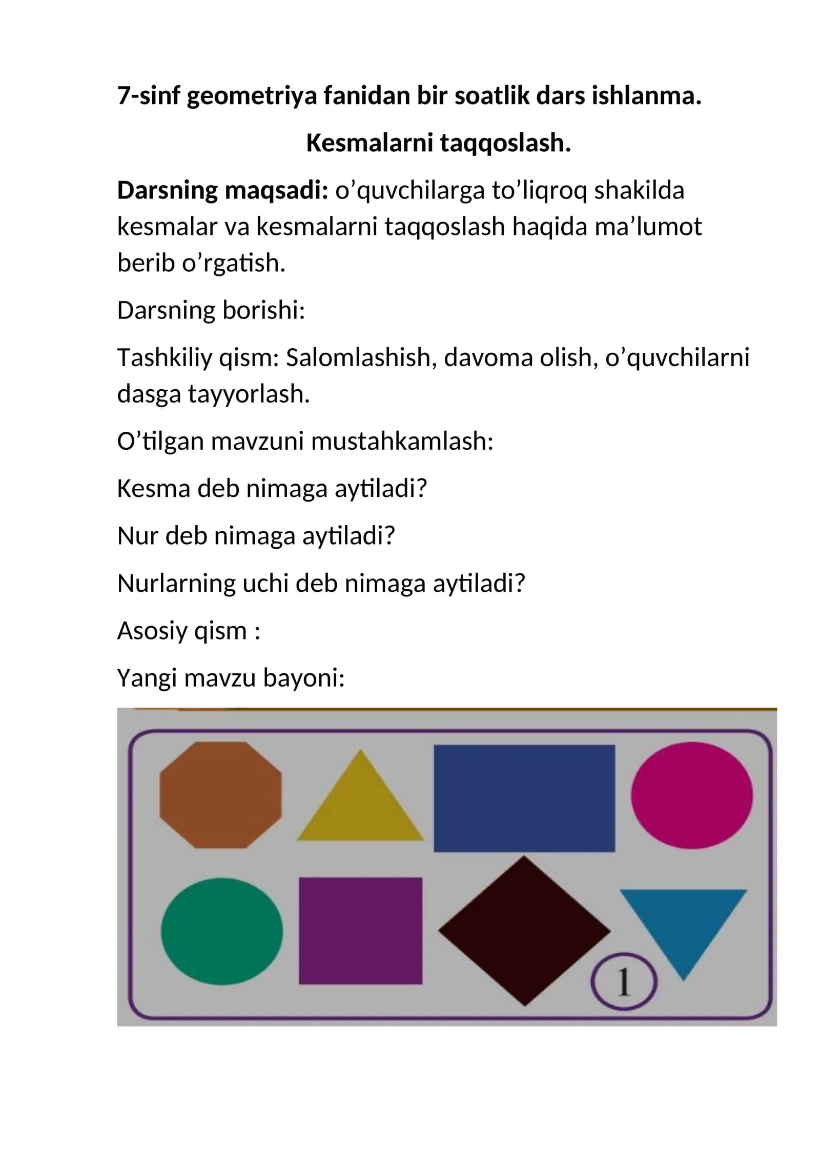 7-sinf geometriya fanidan bir soatlik dars ishlanma