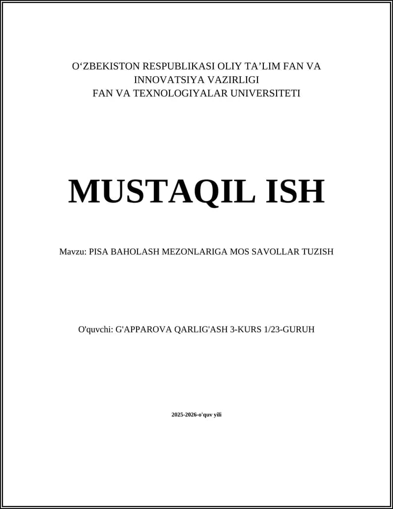 PISA BAHOLASH MEZONLARIGA MOS SAVOLLAR TUZISH