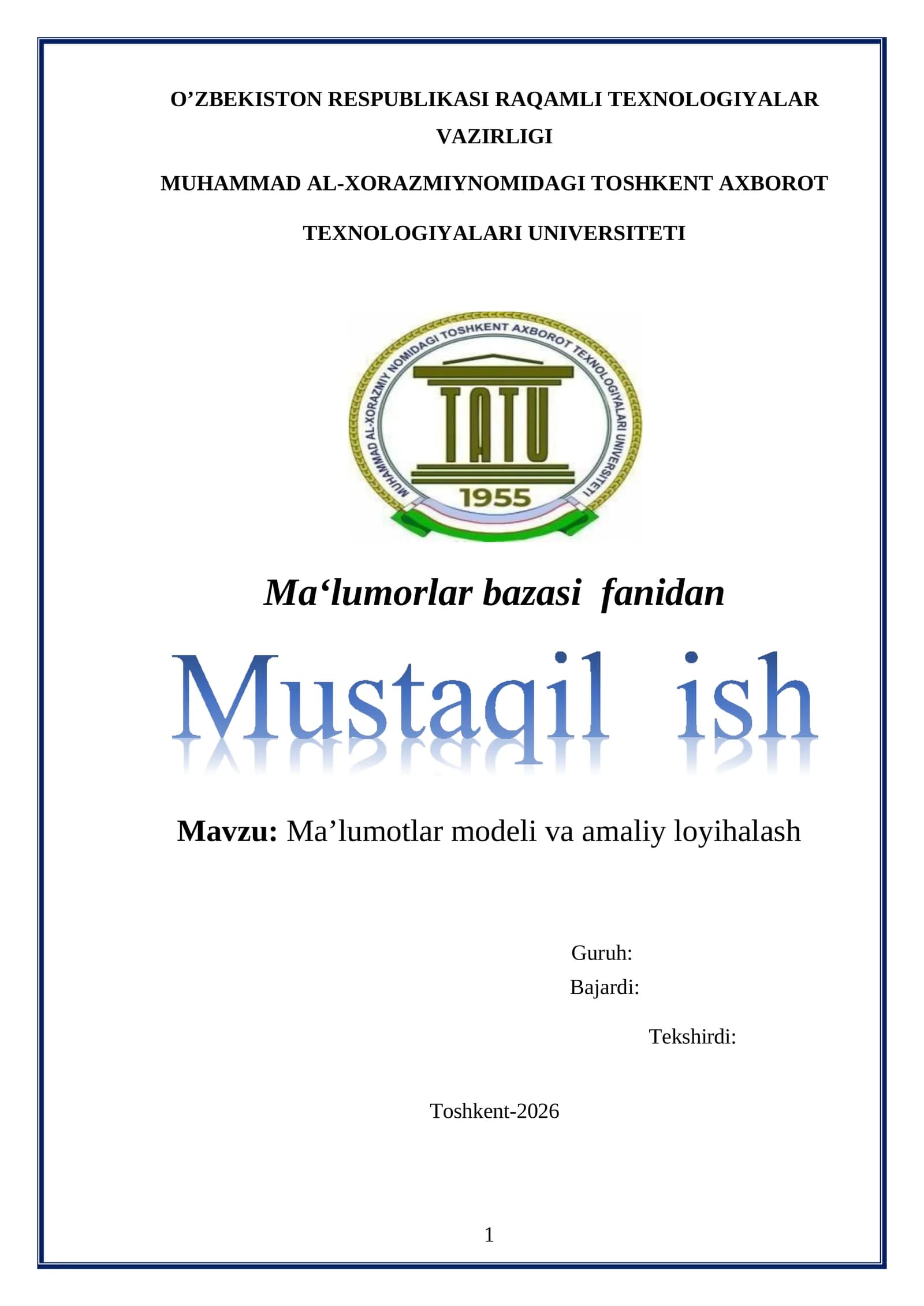 Ma’lumotlar modeli va amaliy loyihalash