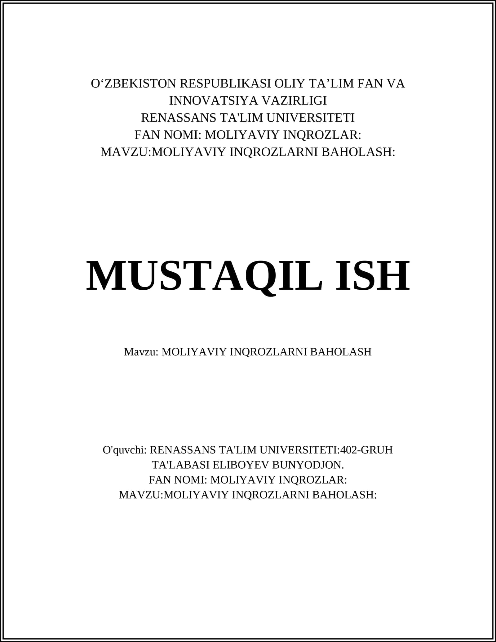 Moliyaviy Inqirozlar Baholash