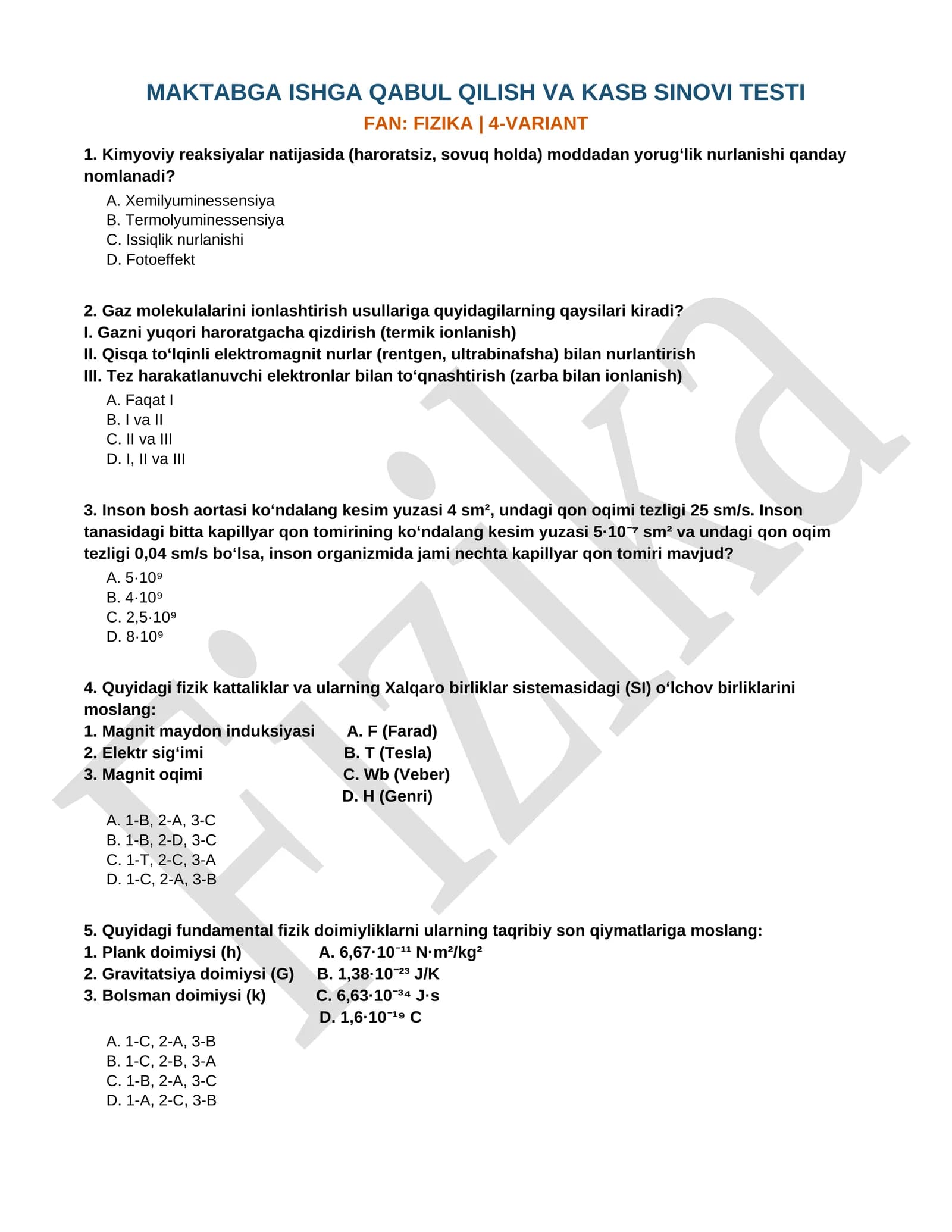 MAKTABGA ISHGA QABUL QILISH VA KASB SINOVI TESTI