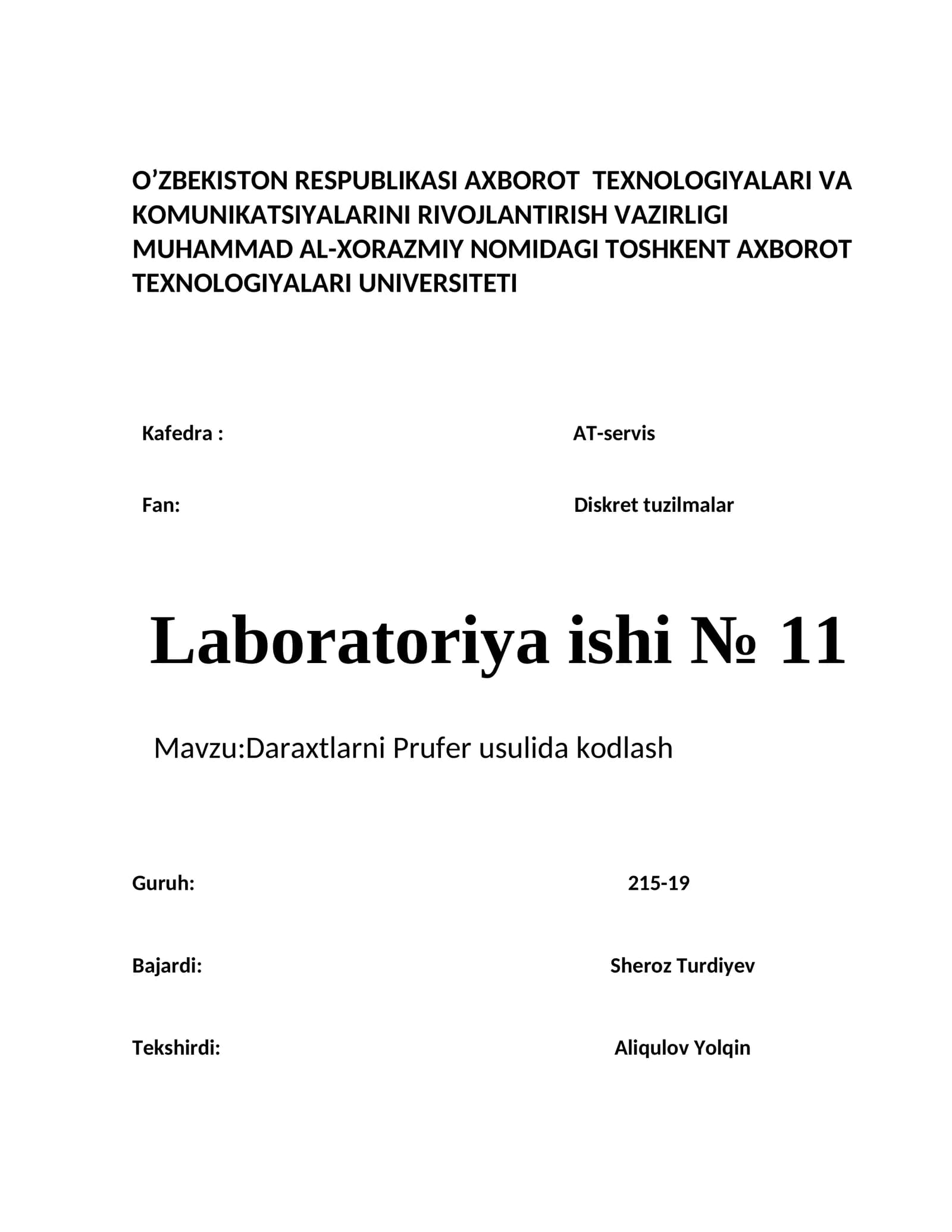 Daraxtlarni Prufer usulida kodlash