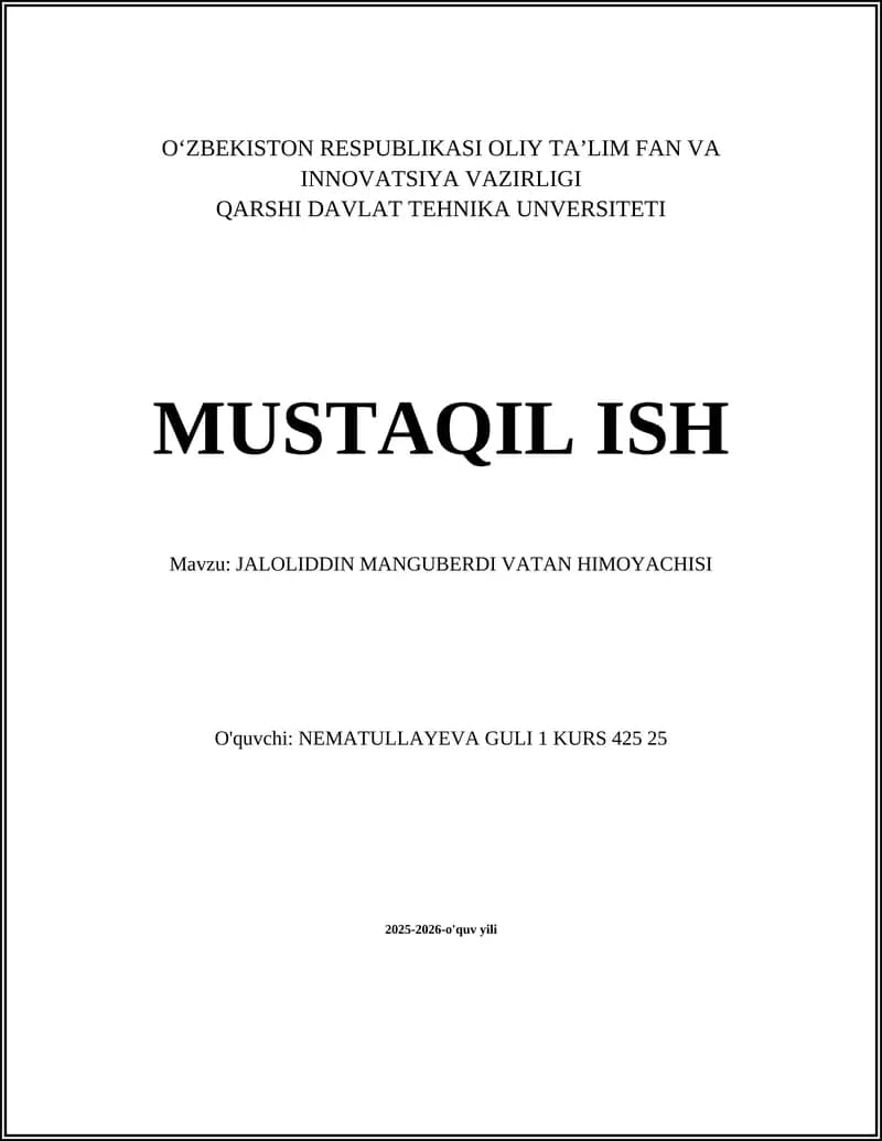 JALOLIDDIN MANGUBERDI VATAN HIMOYACHISI