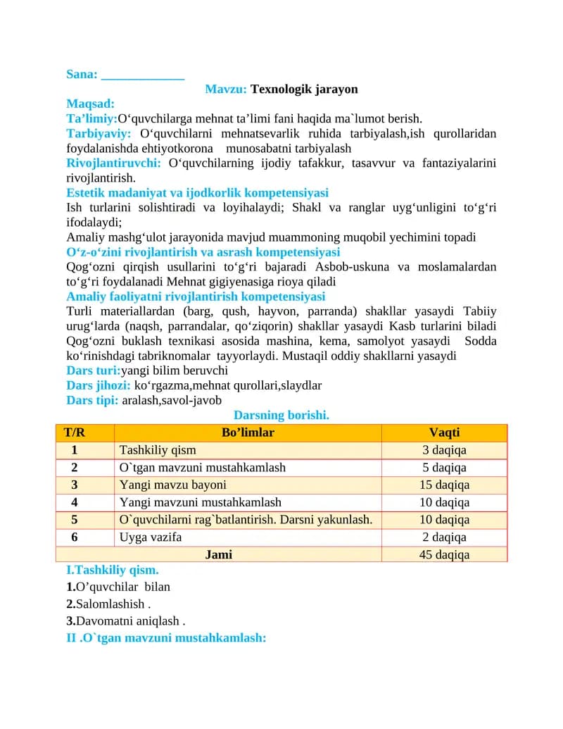 1-sinf Texnologiya fanidan Texnologik jarayon dars ishlanmasi