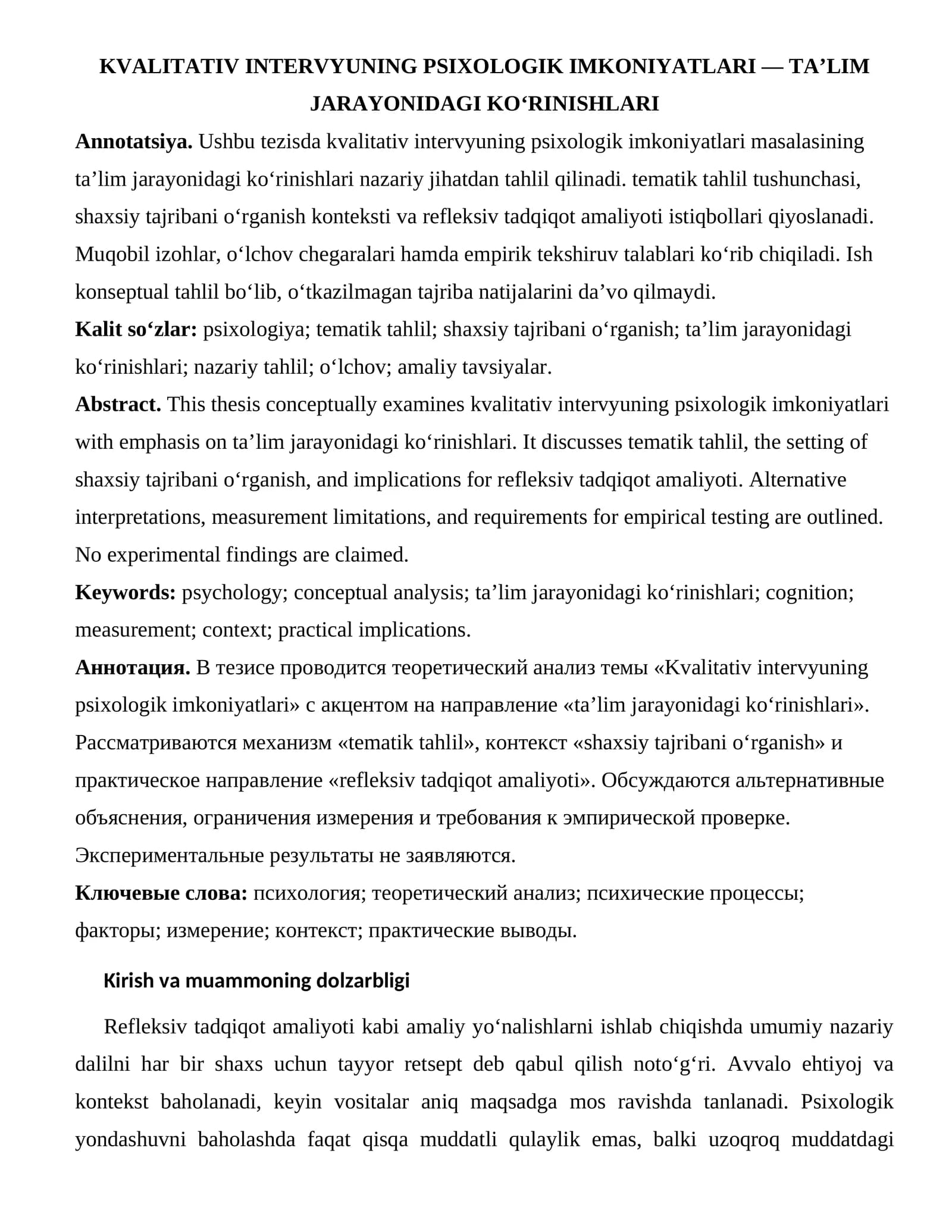 KVALITATIV INTERVYUNING PSIXOLOGIK IMKONIYATLARI — TA’LIM JARAYONIDAGI KO‘RINISHLARI