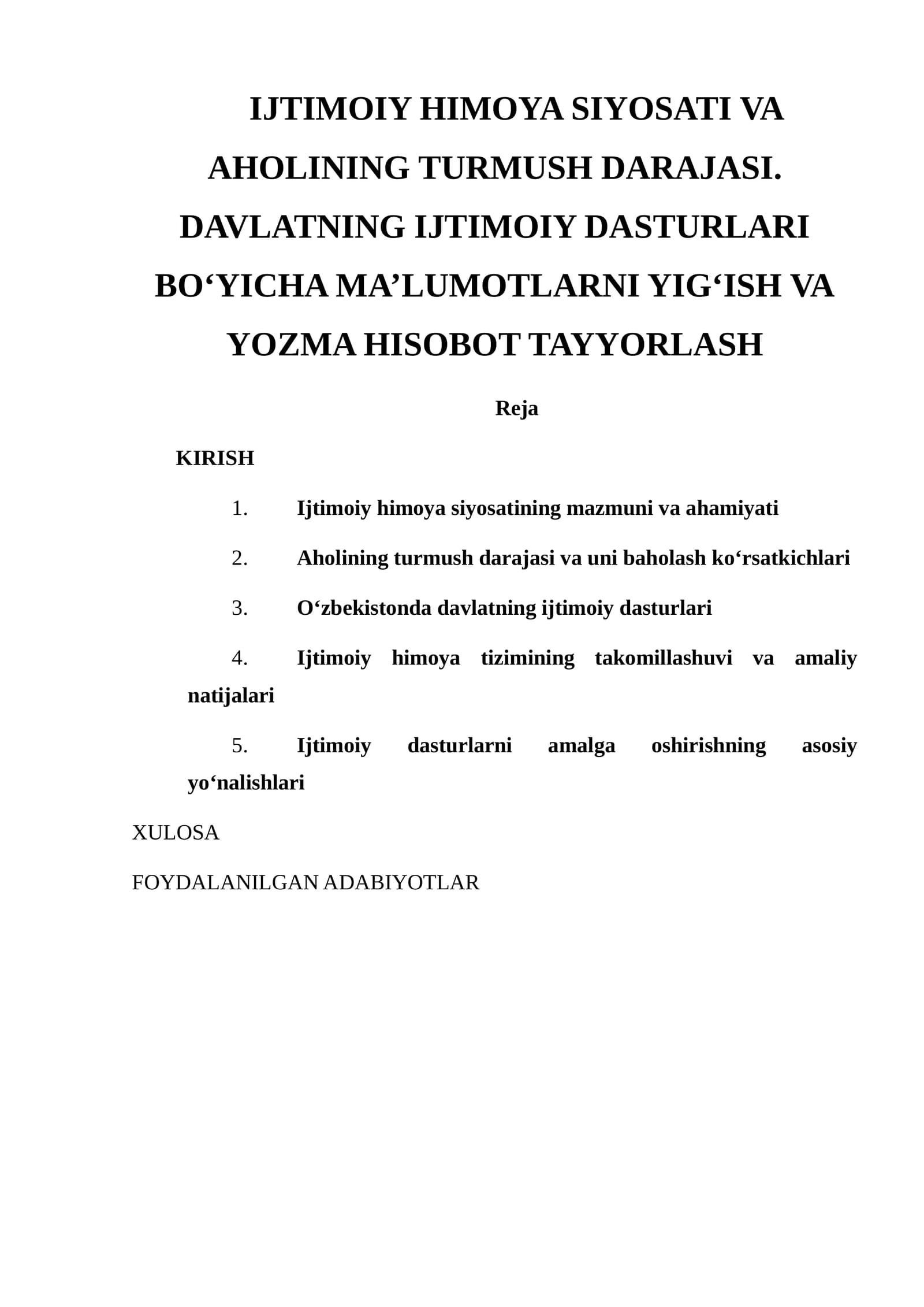 IJTIMOIY HIMOYA SIYOSATI VA AHOLINING TURMUSH DARAJASI