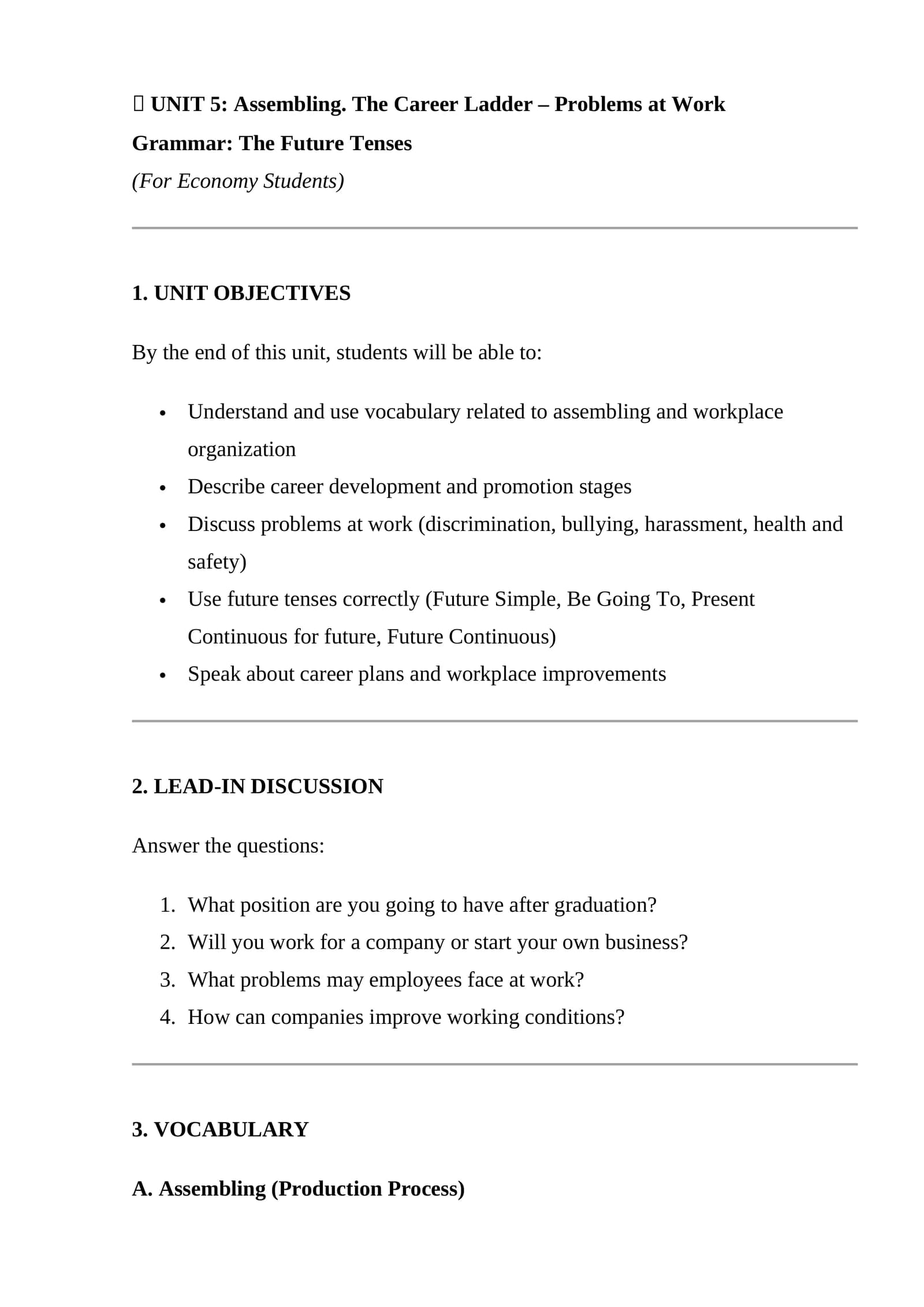 UNIT 5: Assembling. The Career Ladder – Problems at Work