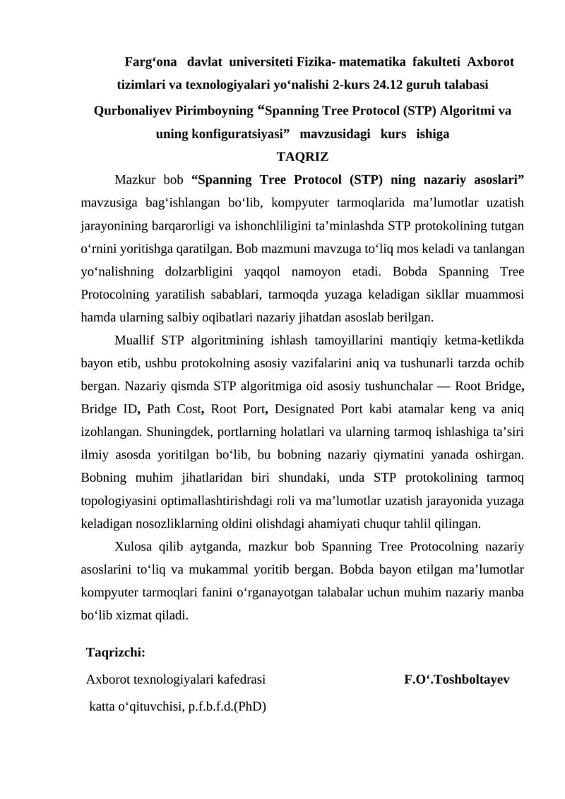 Spanning Tree Protocol (STP) Algoritmi va uning konfiguratsiyasi