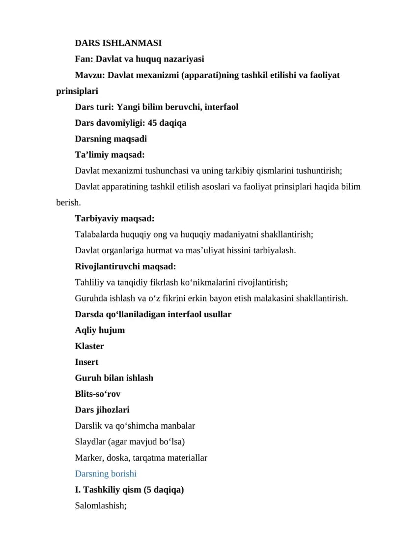 Davlat mexanizmi (apparati)ning tashkil etilishi va faoliyat prinsiplari dars ishlanmasi