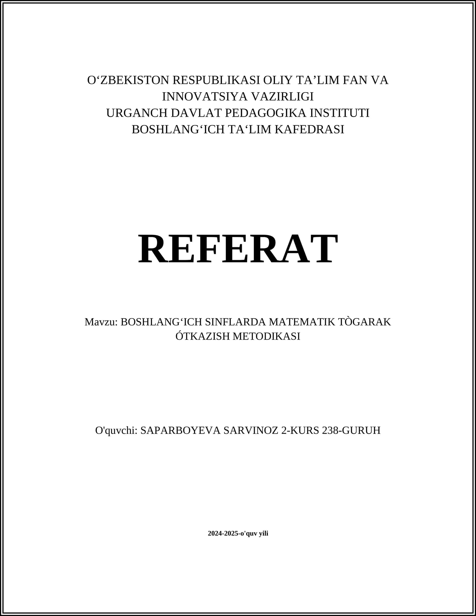 BOSHLANGʻICH SINFLARDA MATEMATIK TÒGARAK ÓTKAZISH METODIKASI