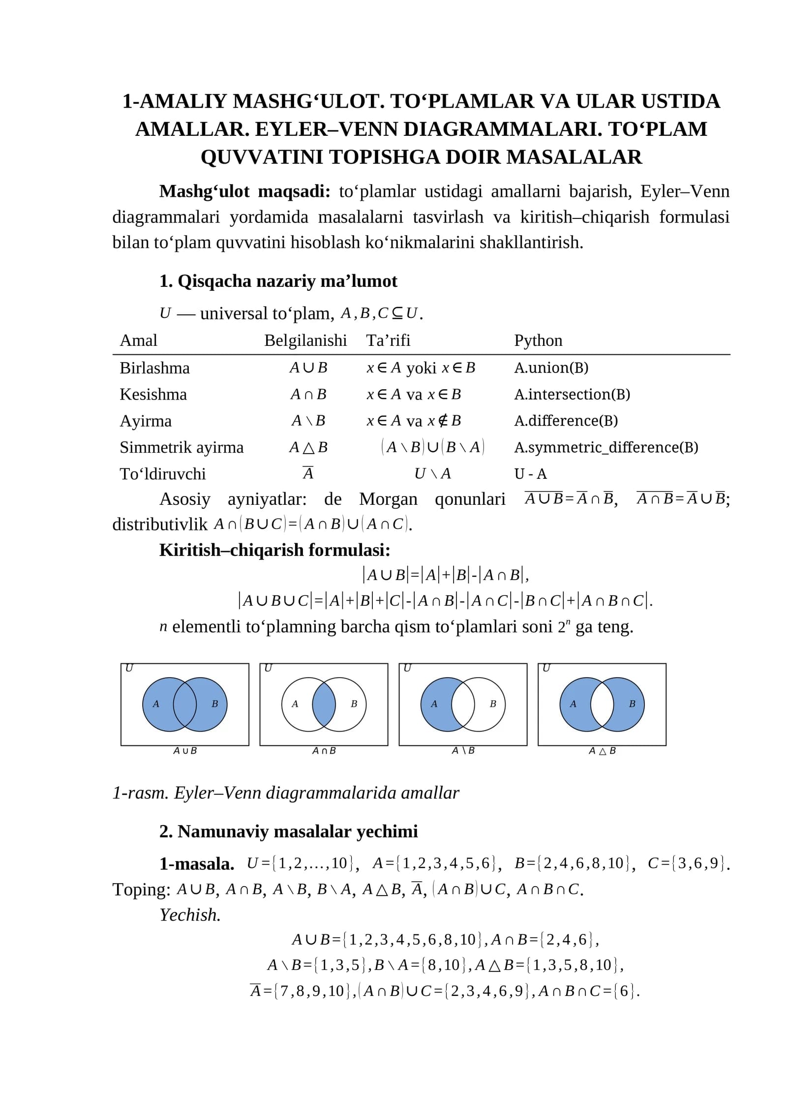 AMALIY MASHG‘ULOT. TO‘PLAMLAR VA ULAR USTIDA AMALLAR. EYLER–VENN DIAGRAMMALARI. TO‘PLAM QUVVATINI TOPISHGA DOIR MASALALAR