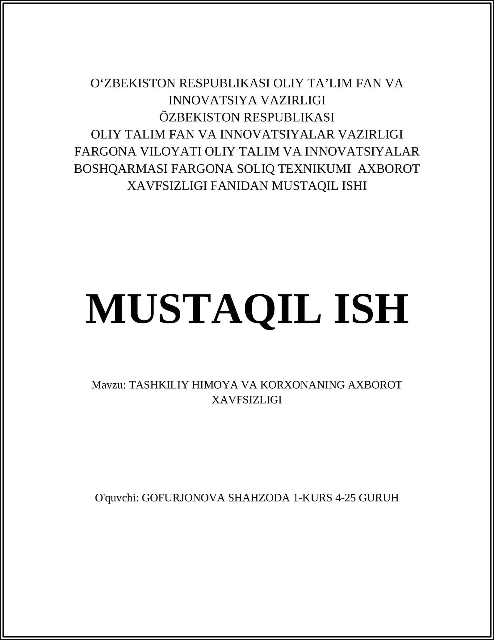 TASHKILIY HIMOYA VA KORXONANING AXBOROT XAVFSIZLIGI