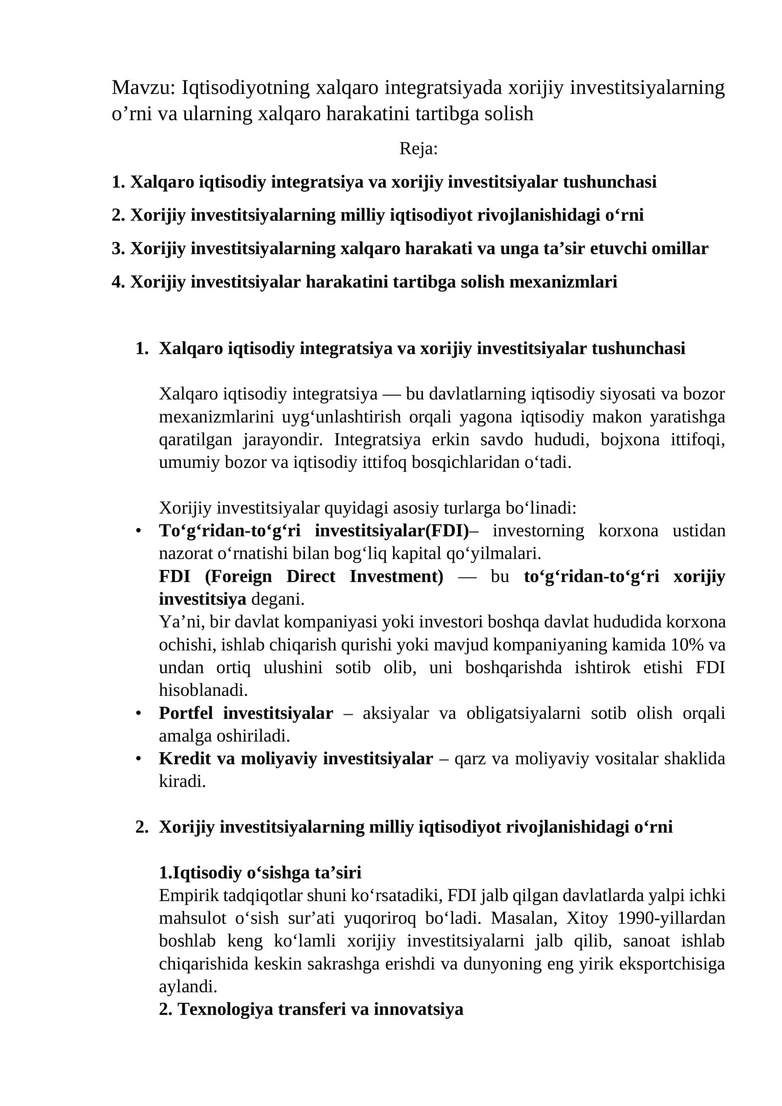 Xalqaro iqtisodiy integratsiya va xorijiy investitsiyalar tushunchasi
