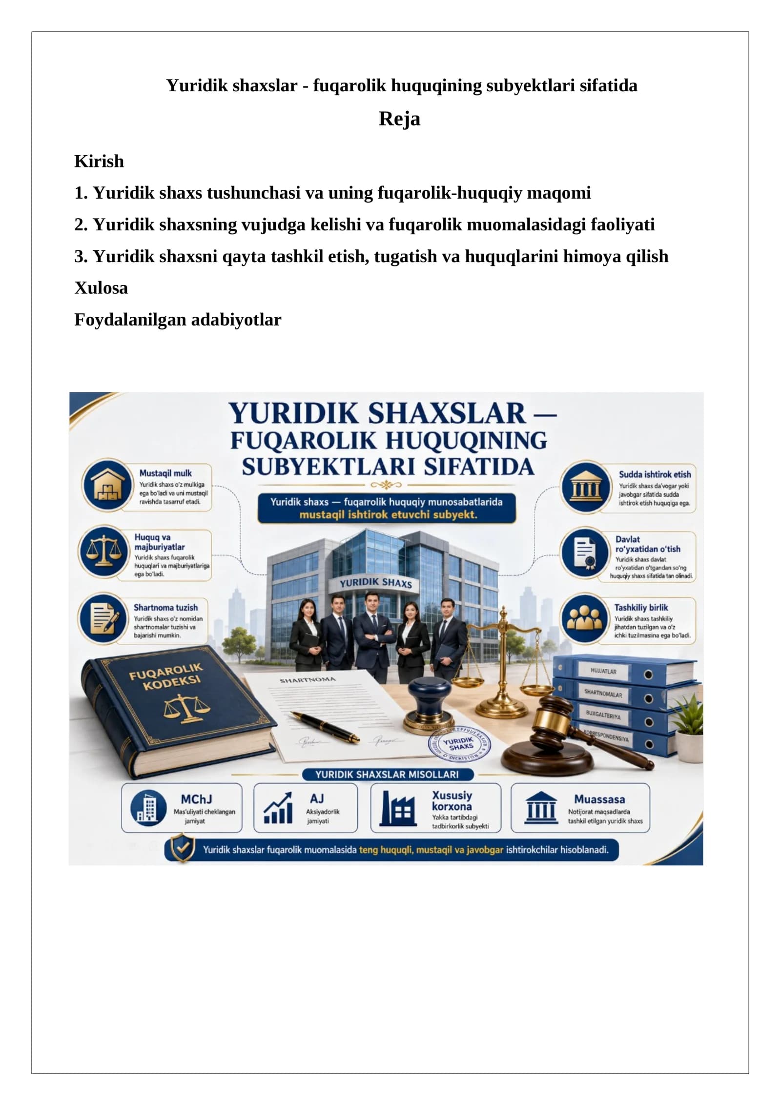 Yuridik shaxslar - fuqarolik huquqining subyektlari sifatida