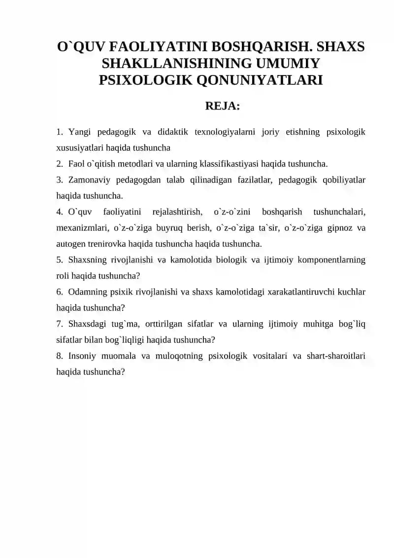 Shaxs Shakllanishining Umumiy Psixologik Qonuniyatlari