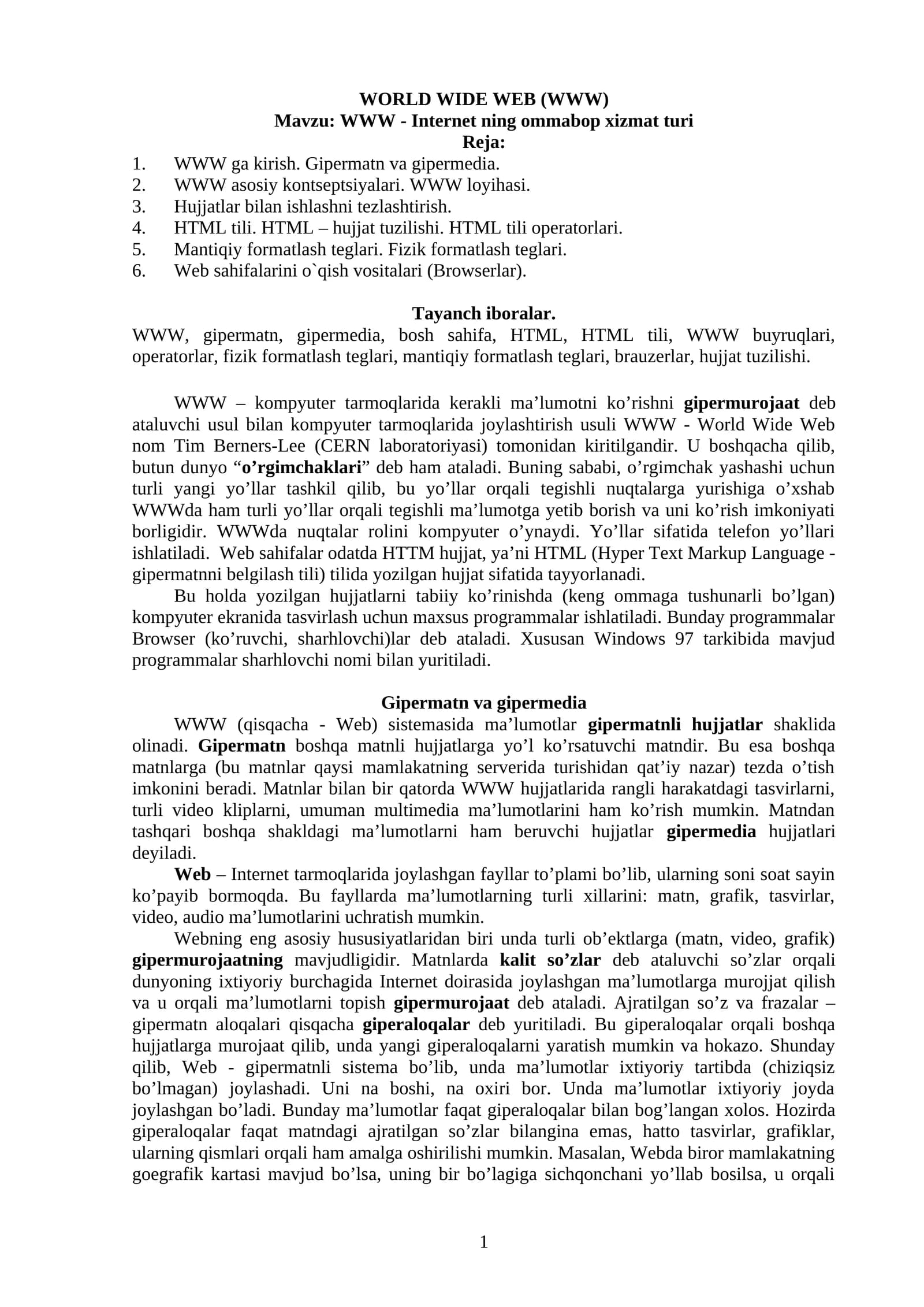 WWW - Internet ning ommabop xizmat turi