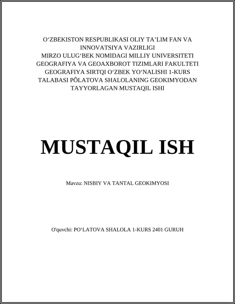 NISBIY VA TANTAL GEOKIMYOSI