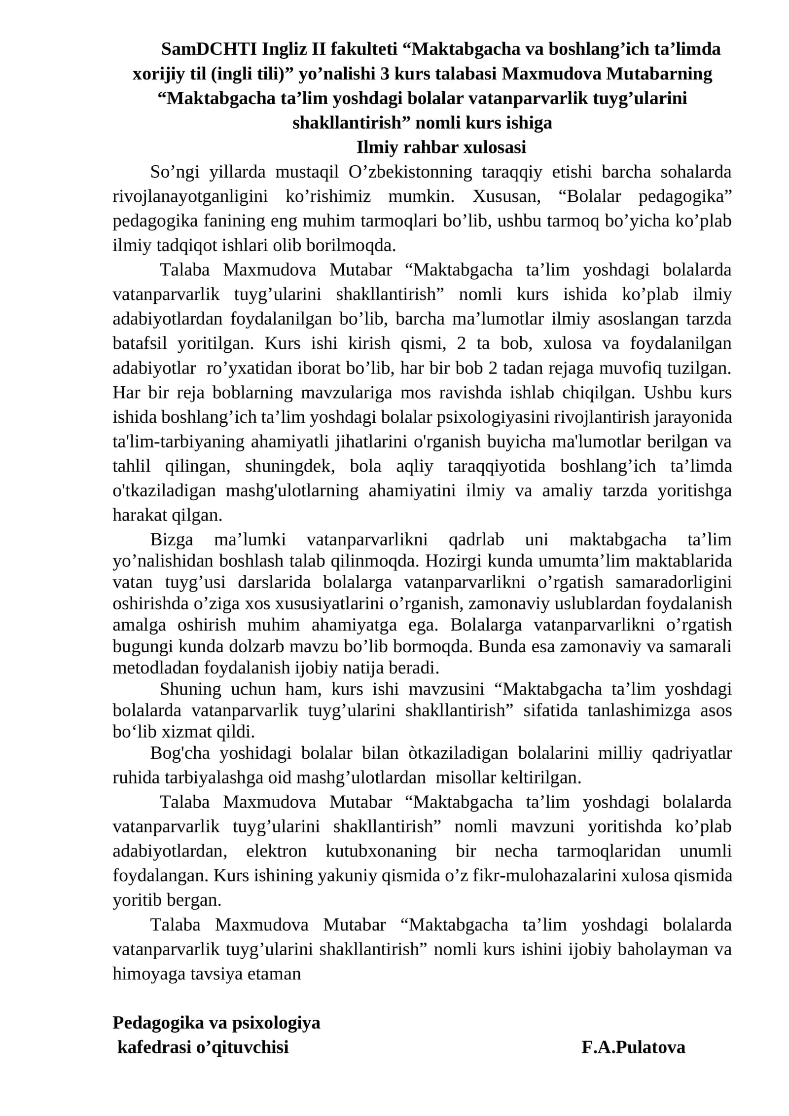 Maktabgacha ta'lim yoshdagi bolalar vatanparvarlik tuyg'ularini shakllantirish