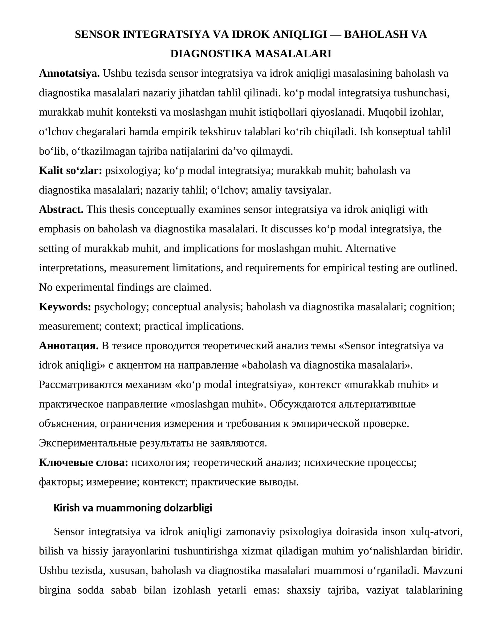 SENSOR INTEGRATSIYA VA IDROK ANIQLIGI — BAHOLASH VA DIAGNOSTIKA MASALALARI