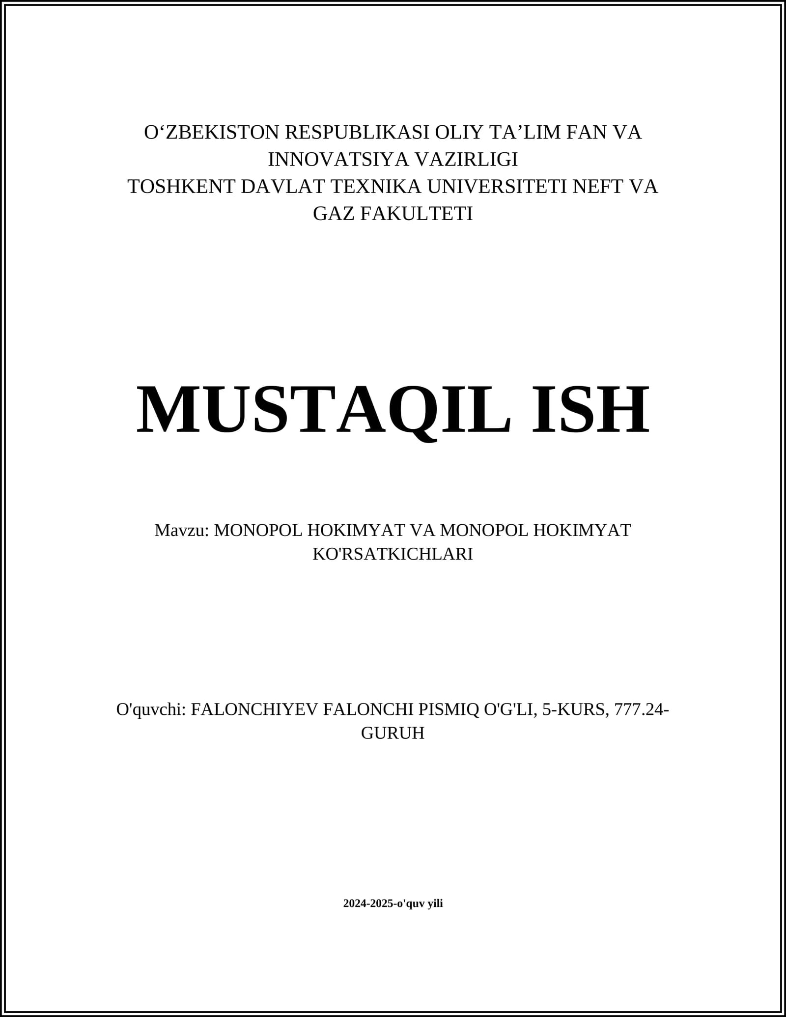 MONOPOL HOKIMYAT VA MONOPOL HOKIMYAT KO'RSATKICHLARI