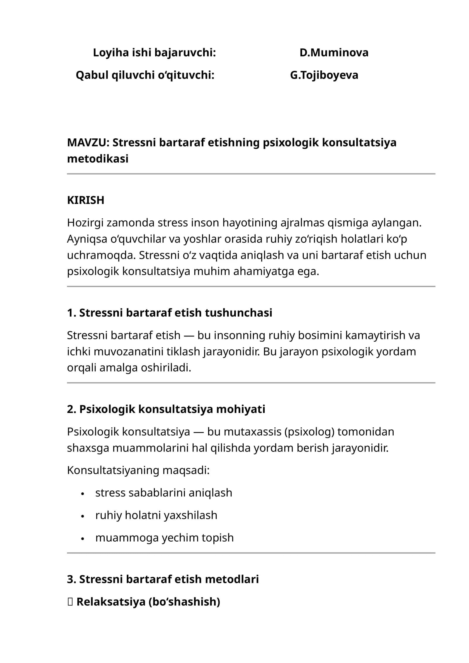 Stressni bartaraf etishning psixologik konsultatsiya metodikasi