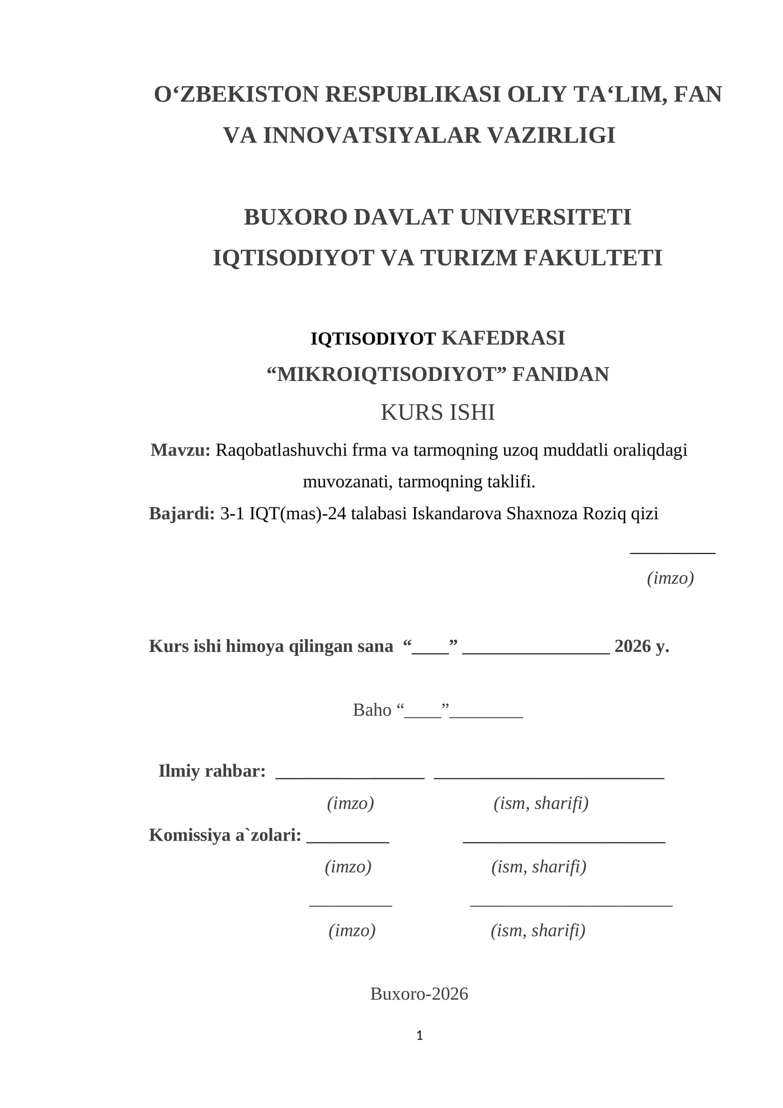 Raqobatlashuvchi frma va tarmoqning uzoq muddatli oraliqdagi muvozanati, tarmoqning taklifi
