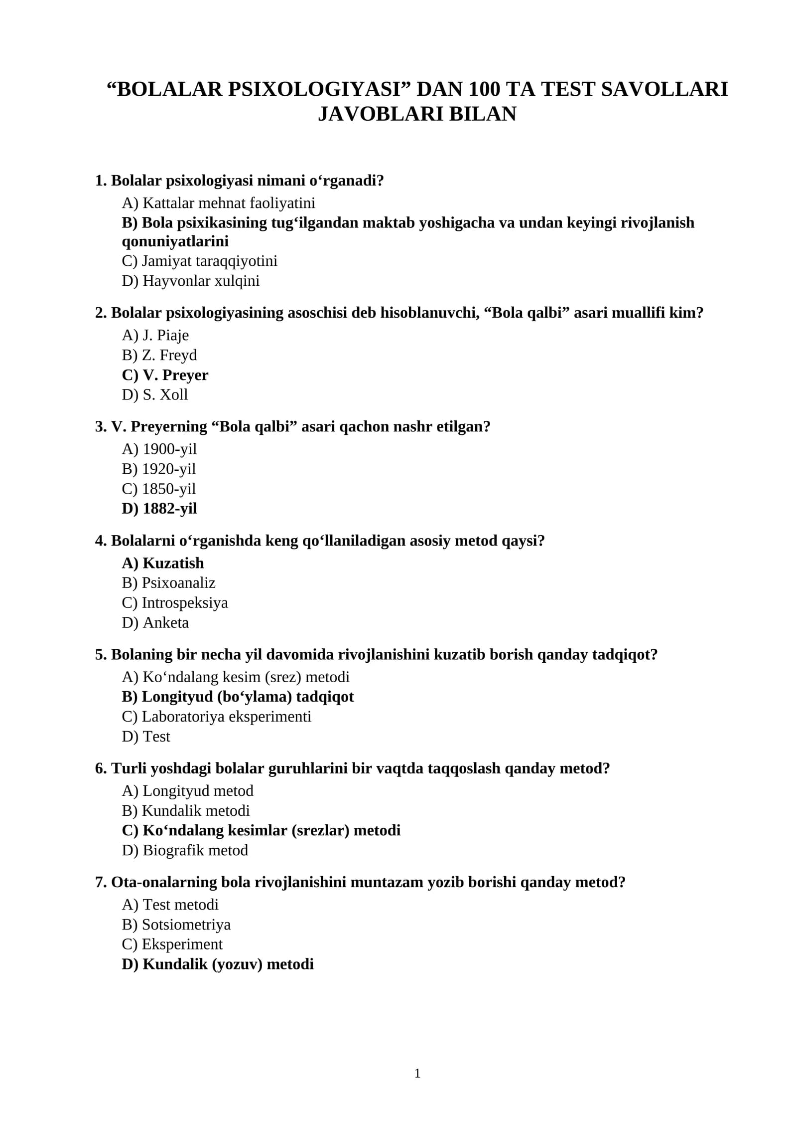 BOLALAR PSIXOLOGIYASI” DAN 100 TA TEST SAVOLLARI JAVOBLARI BILAN
