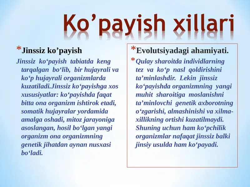 Organizmlarning ko‘payishi. Jinssiz ko‘payish