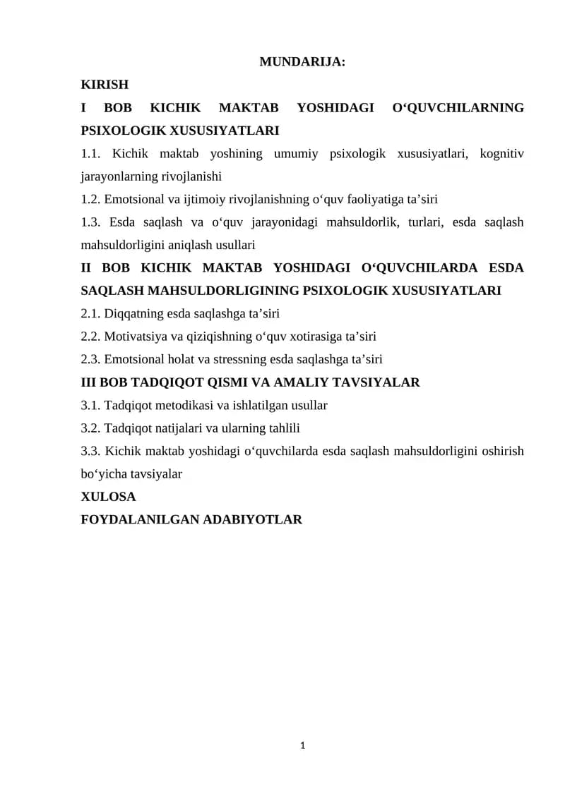 Kichik maktab yoshidagi o‘quvchilarda esda saqlash mahsuldorligi