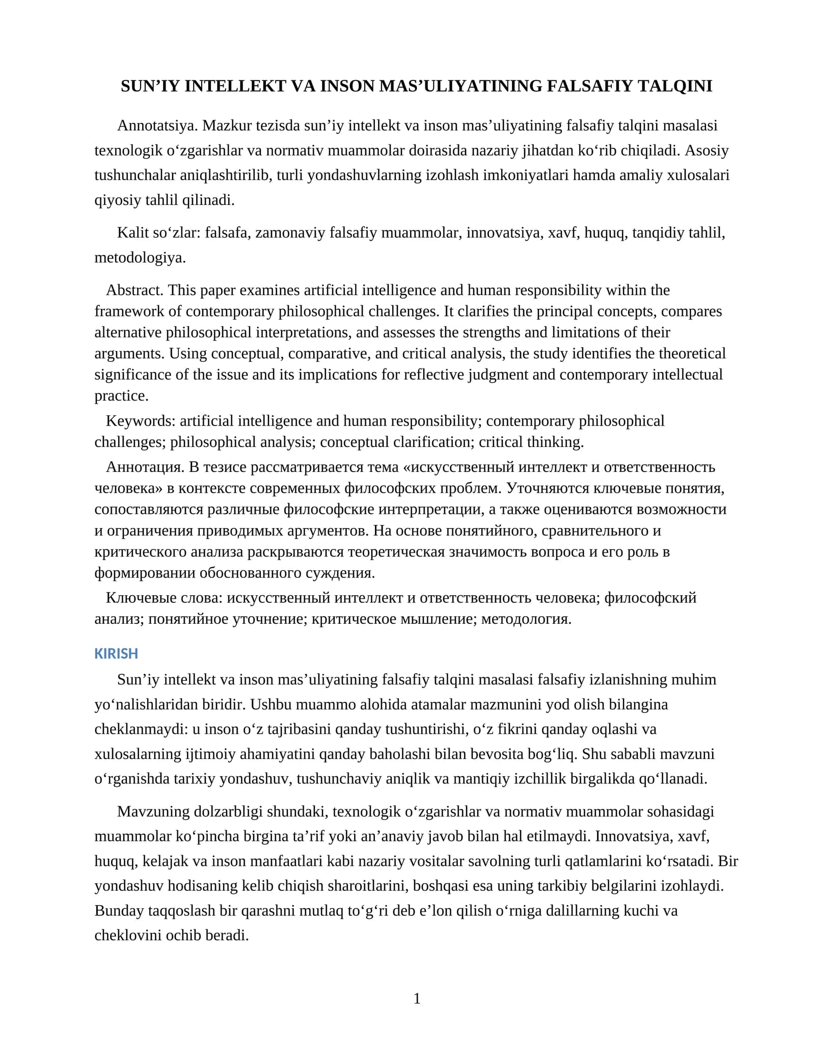 SUN’IY INTELLEKT VA INSON MAS’ULIYATINING FALSAFIY TALQINI