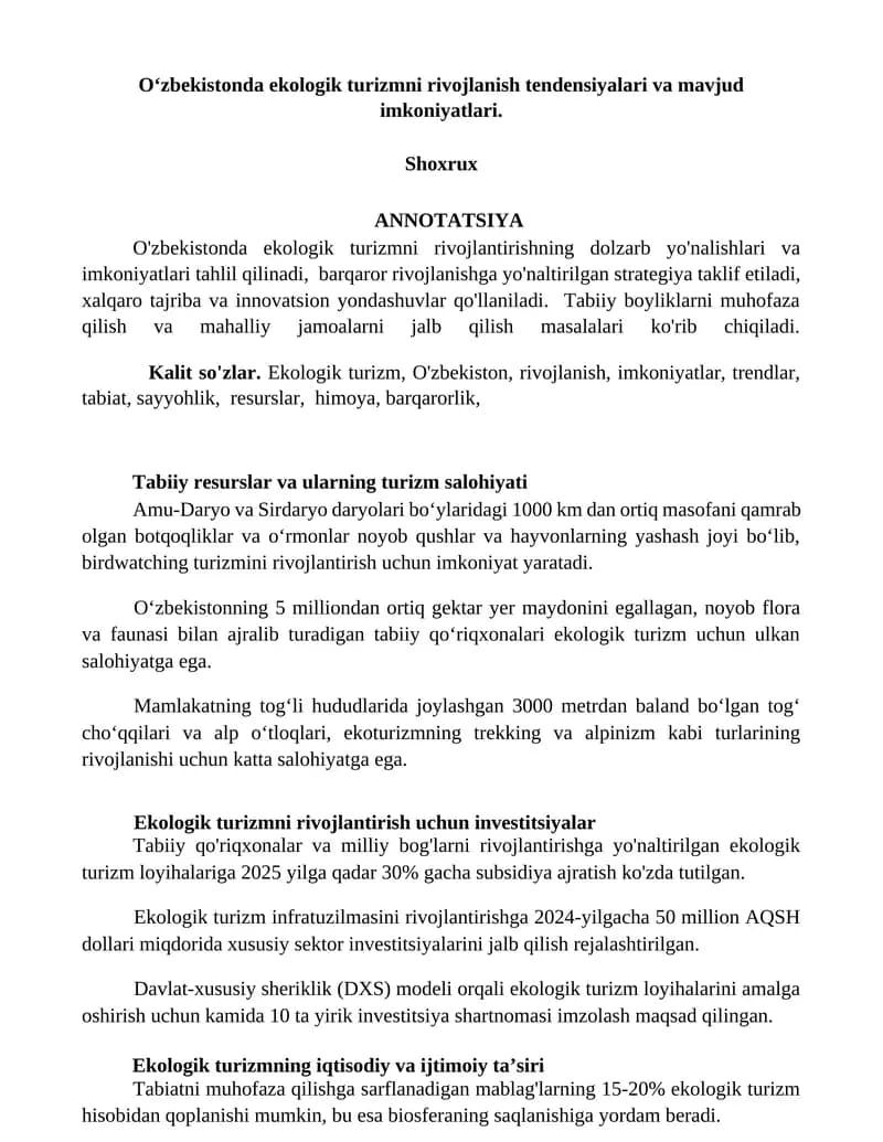 Ekologik turizmni rivojlanish tendensiyalari va mavjud imkoniyatlari