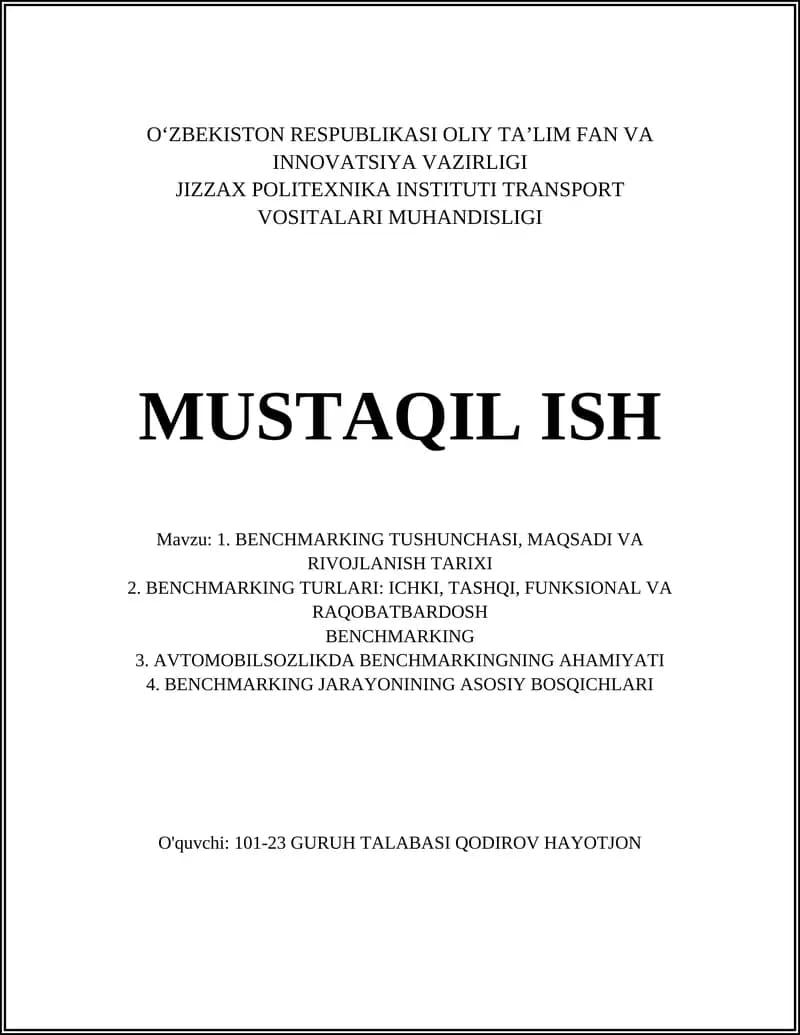 BENCHMARKING TUSHUNCHASI, MAQSADI VA RIVOJLANISH TARIXI