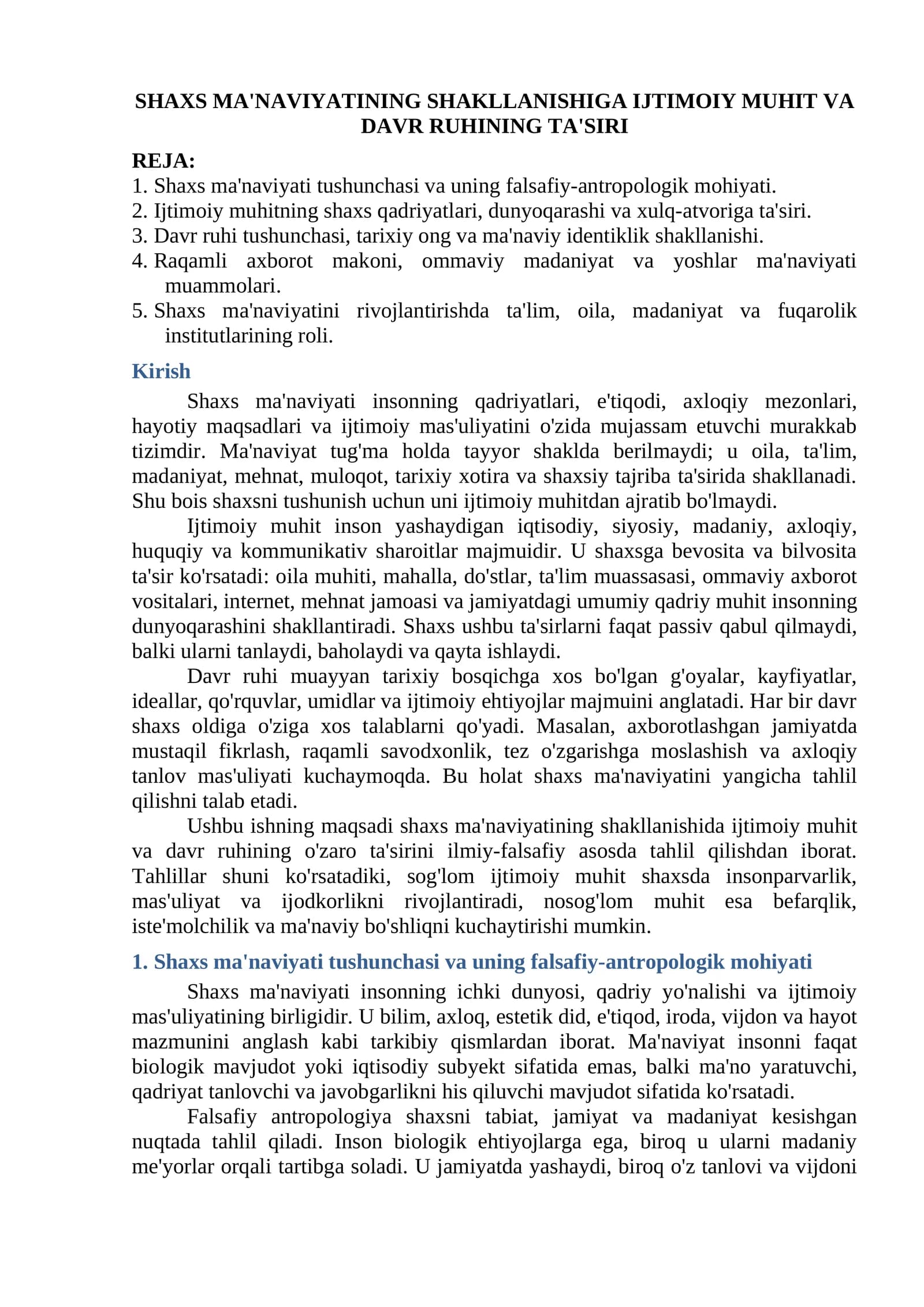 SHAXS MA'NAVIYATINING SHAKLLANISHIGA IJTIMOIY MUHIT VA DAVR RUHINING TA'SIRI