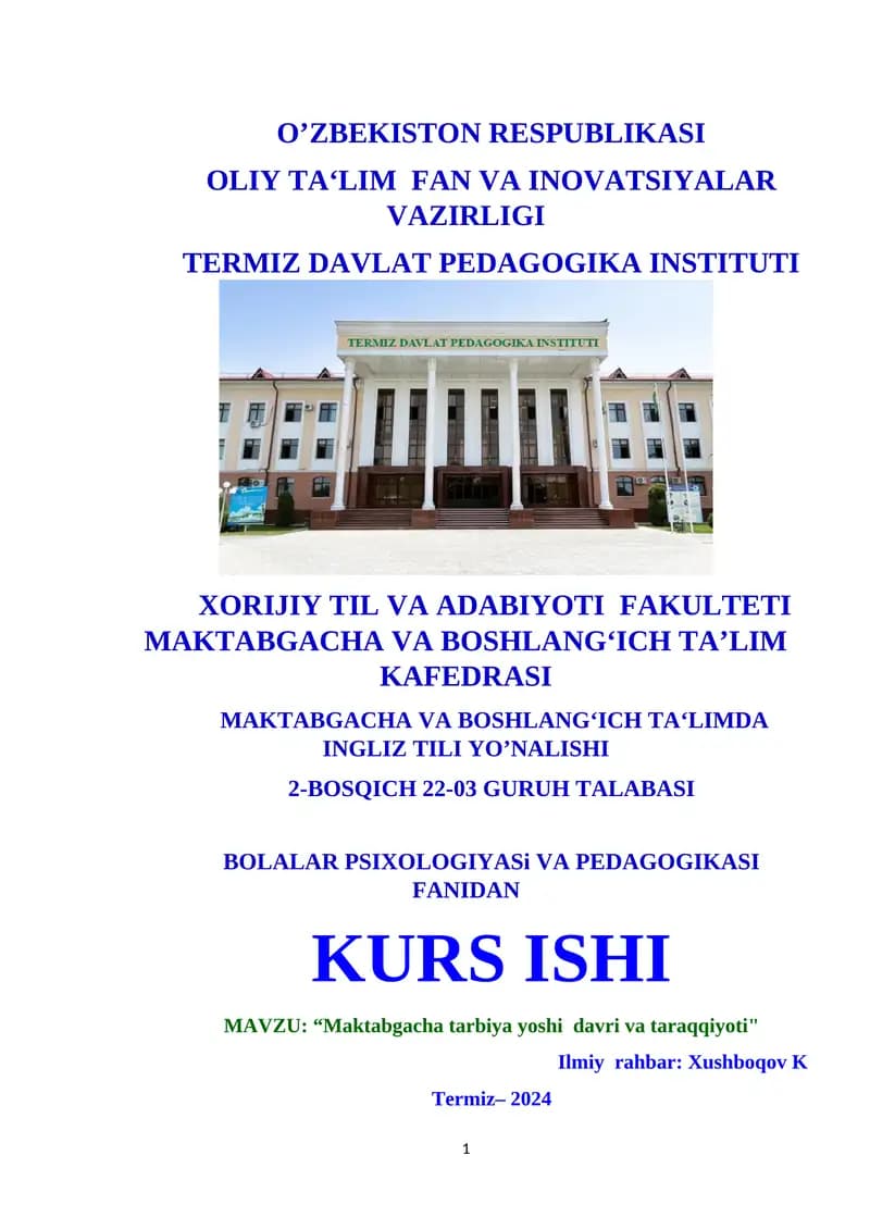 Maktabgacha tarbiya yoshi davri va taraqqiyoti