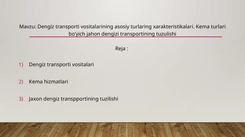 Dengiz transporti vositalarining asosiy turlaring xarakteristikalari. Kema turlari bo’yich jahon dengizi transportining tuzulishi