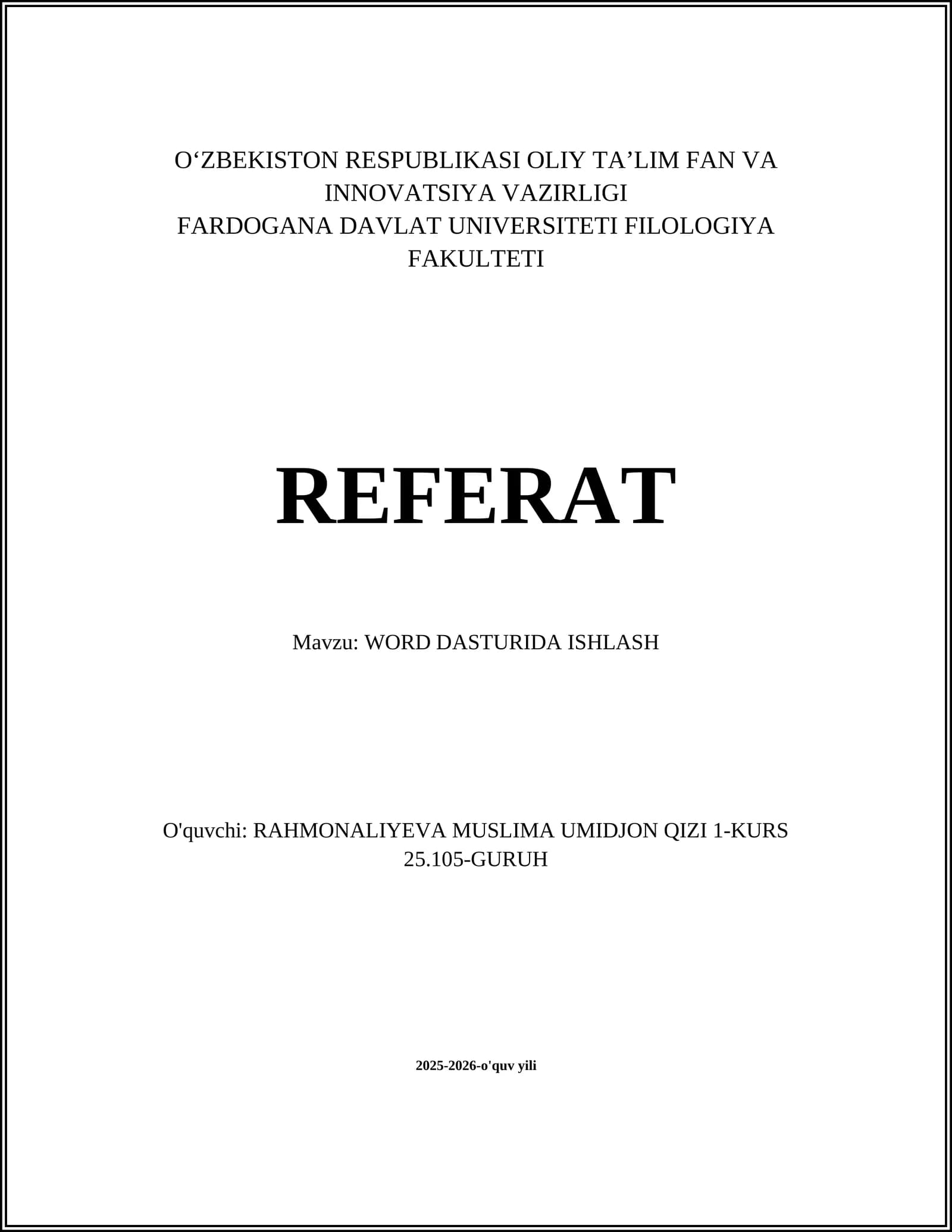 WORD DASTURIDA ISHLASH