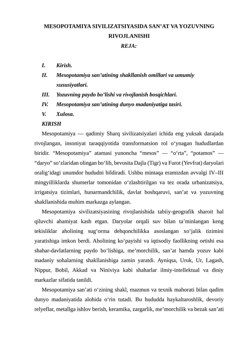 MESOPOTAMIYA SIVILIZATSIYASIDA SAN’AT VA YOZUVNING RIVOJLANISHI