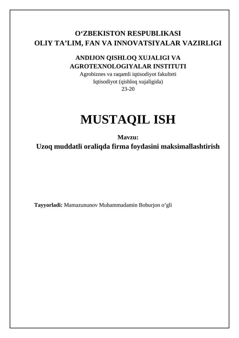 Uzoq muddatli oraliqda firma foydasini maksimallashtirish