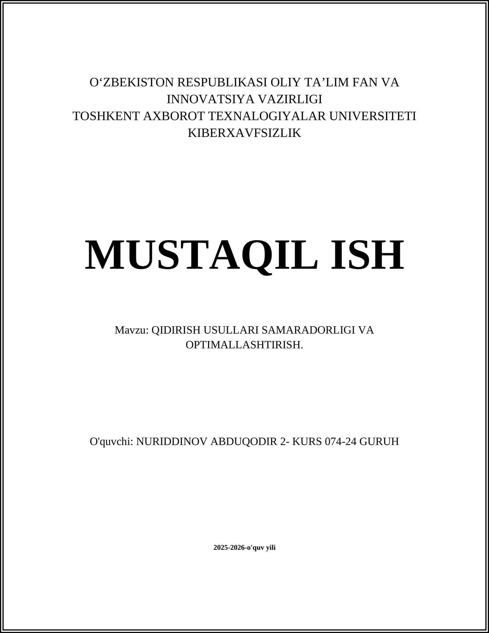 QIDIRISH USULLARI SAMARADORLIGI VA OPTIMALLASHTIRISH