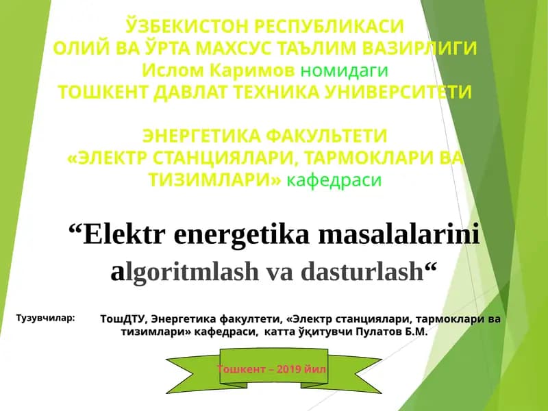 Elektr energetika masalalarini algoritmlash va dasturlash