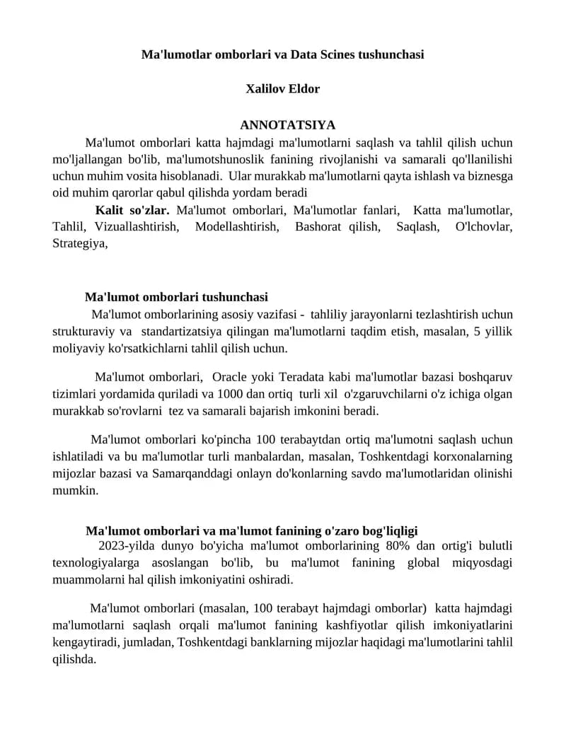 Ma'lumotlar omborlari va Data Scines tushunchasi
