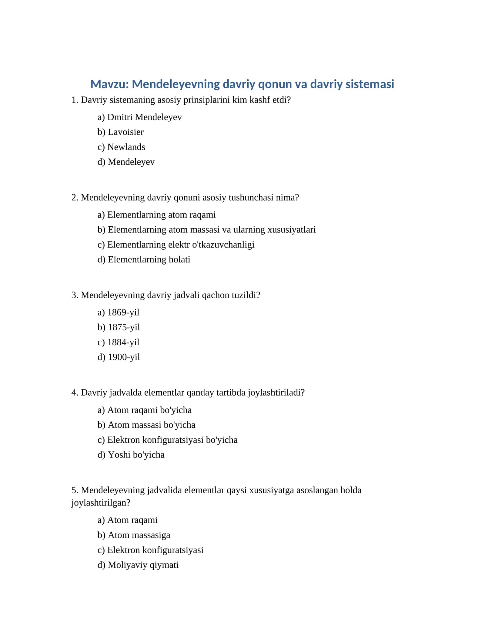 Mendeleyevning davriy qonun va davriy sistemasi