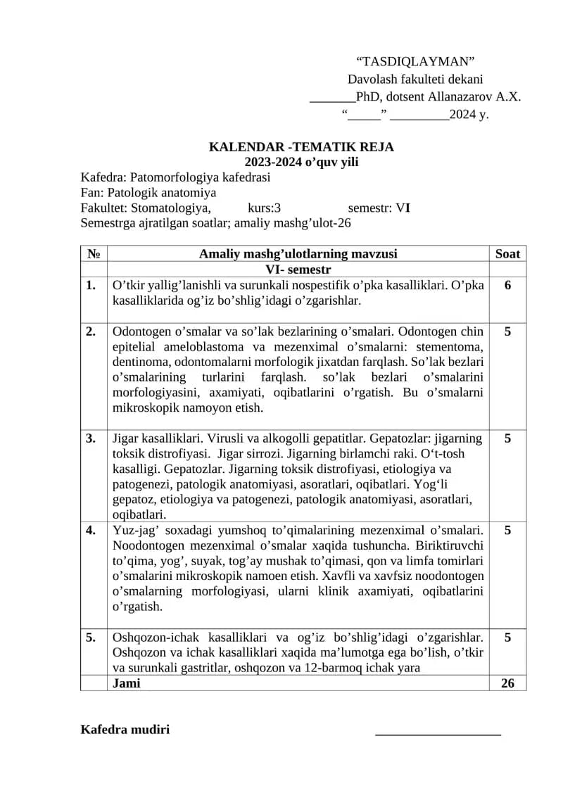 KALENDAR -TEMATIK REJA 2023-2024 o’quv yili
