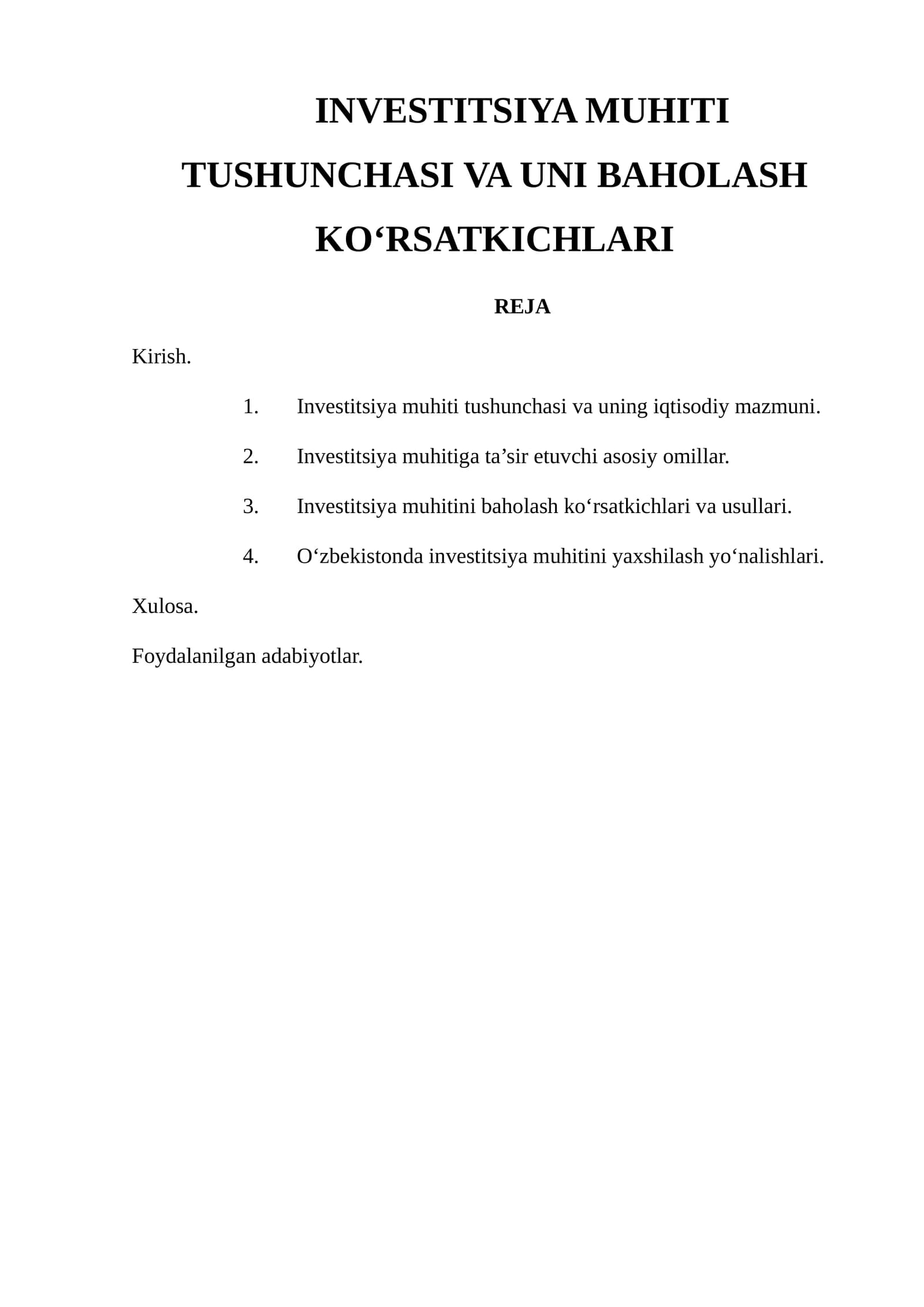 Investitsiya muhiti tushunchasi va unini baholash ko‘rsatkichlari
