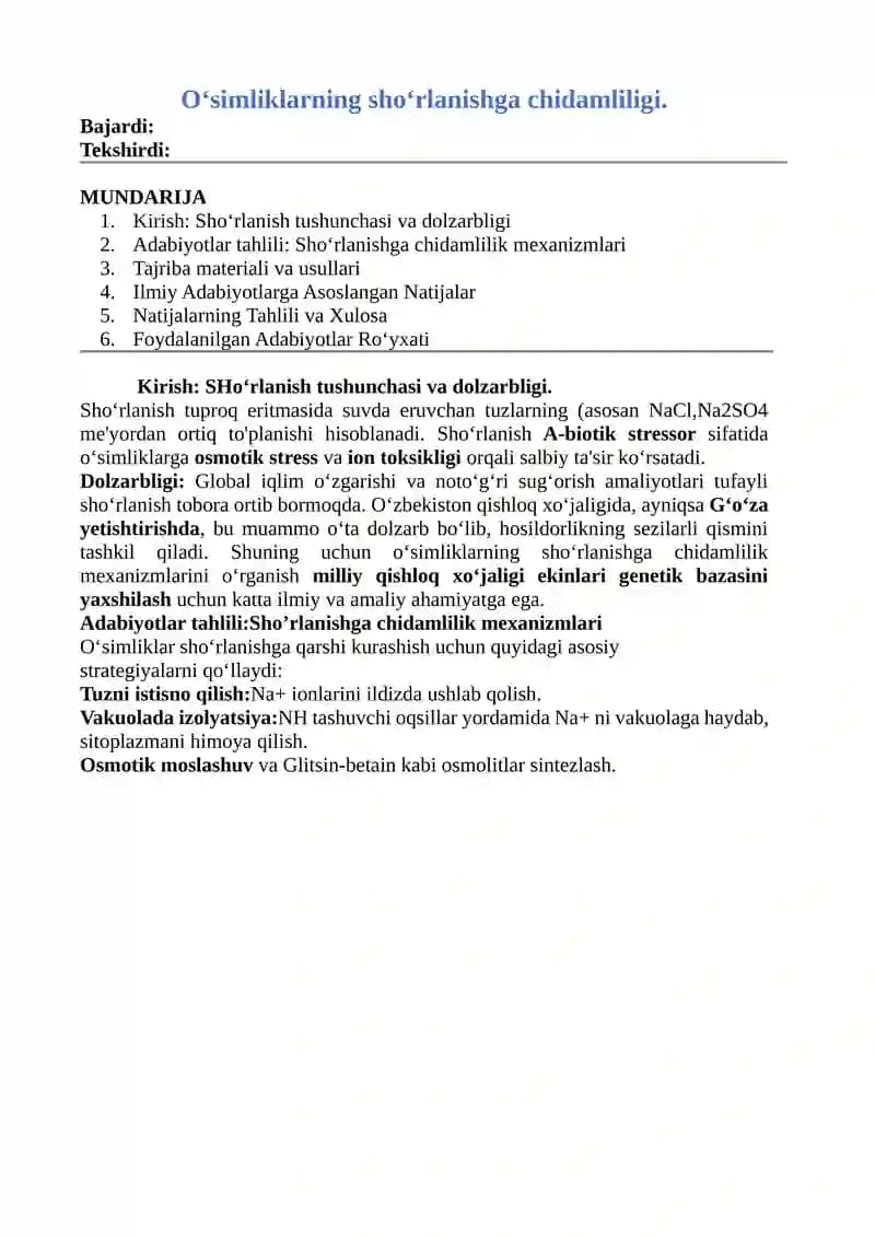 Oʻsimliklarning shoʻrlanishga chidamliligi.