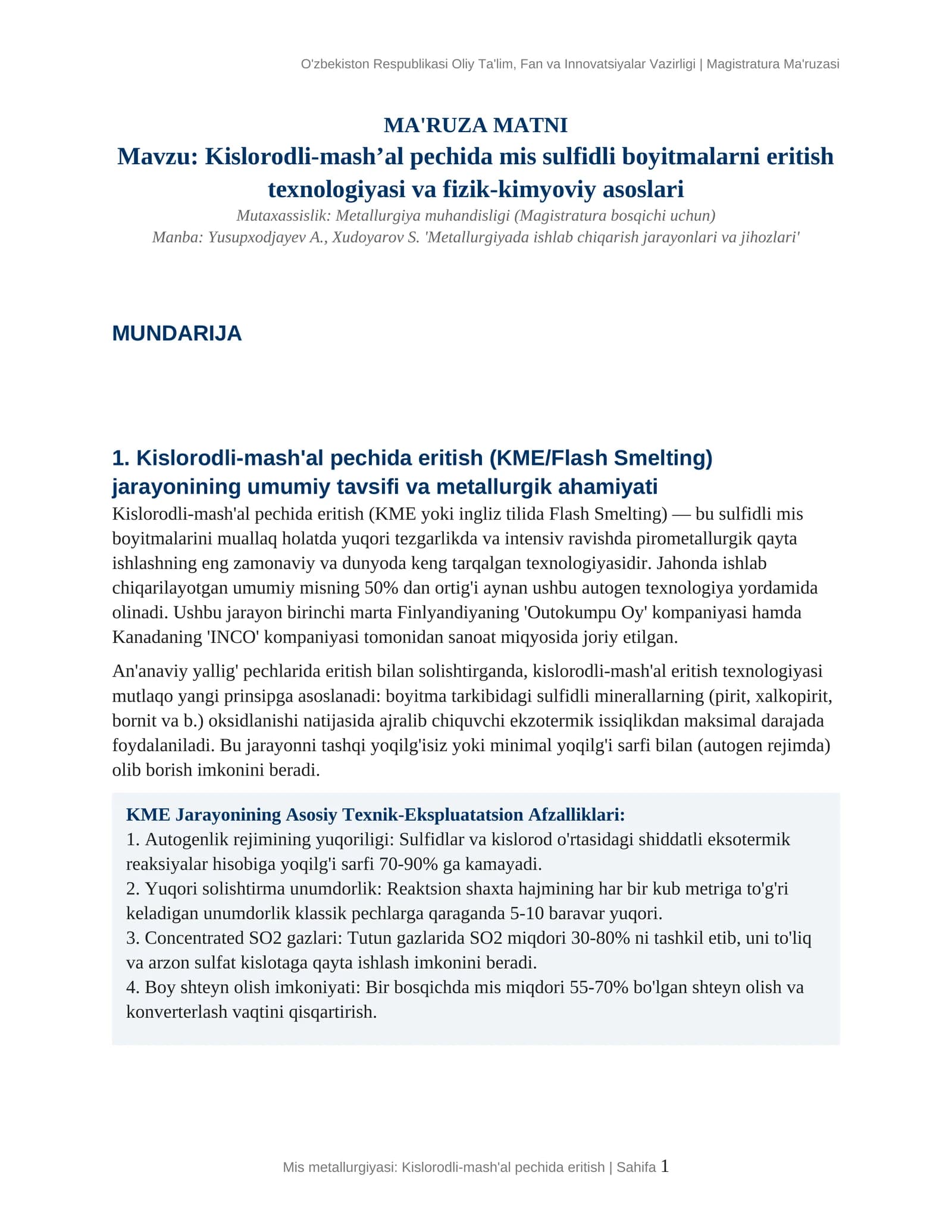 Kislorodli-mash'al pechida mis sulfidli boyitmalarni eritish texnologiyasi