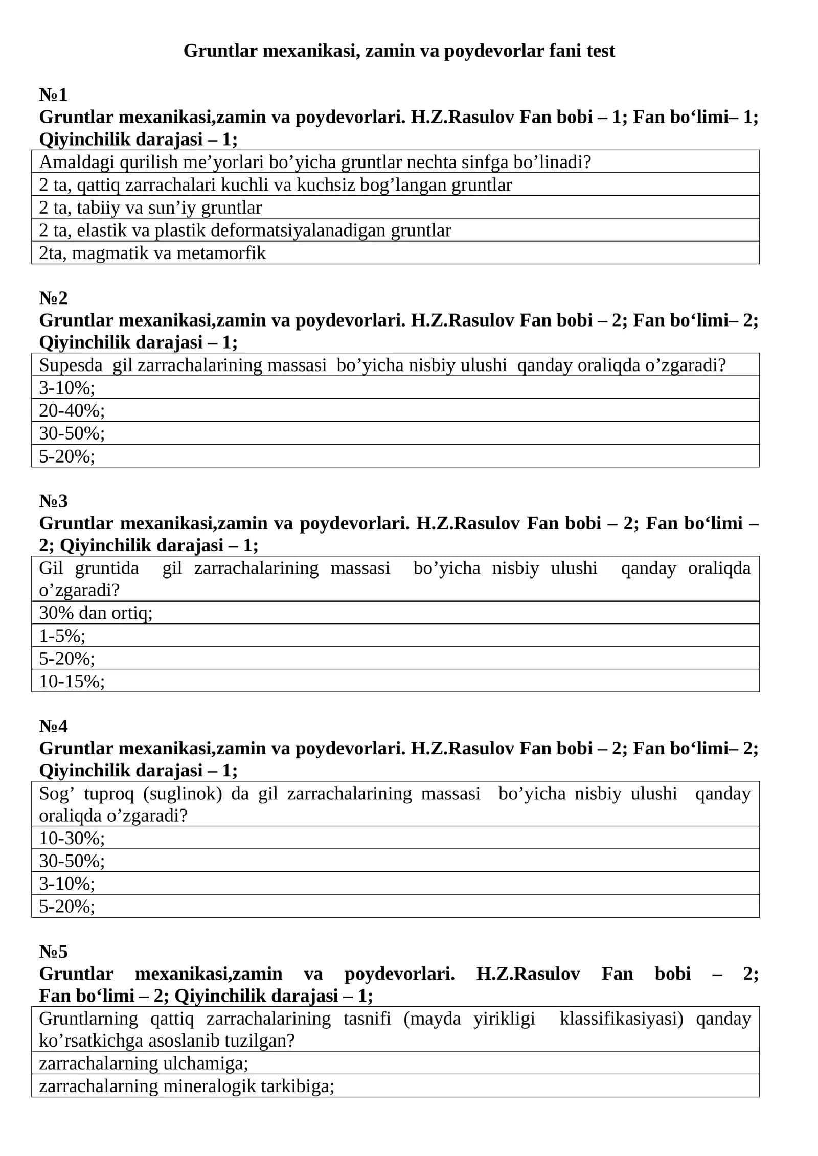Gruntlar mexanikasi, zamin va poydevorlar fani test
