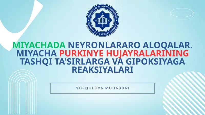 Miyachada neyronlararo aloqalar. Miyacha Purkinye hujayralarining tashqi ta'sirlarga va gipoksiyaga